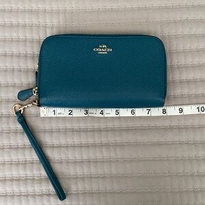 Coach double zip around large leather wristlet wallet in teal with gold